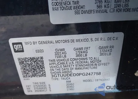 2023 GMC Sierra 1500 4Wd Short Box Slt z USA, uszkodzony, nr VIN 3GTUUDED0PG247758